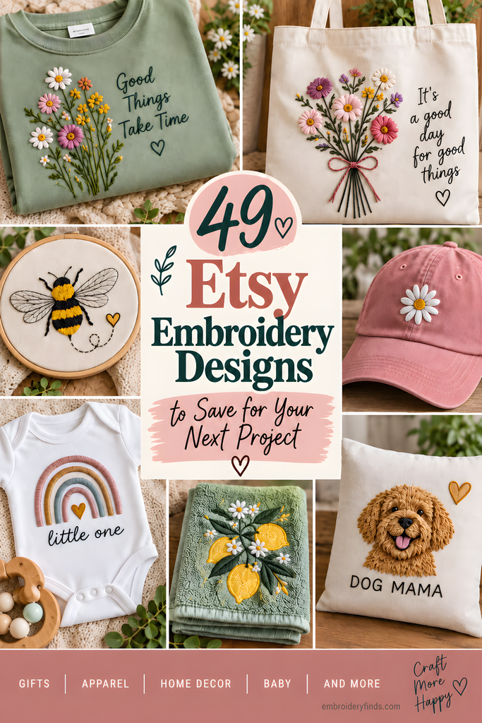 Etsy embroidery designs on apparel, tote bags, caps, and home decor featuring florals, animals, and text motifs