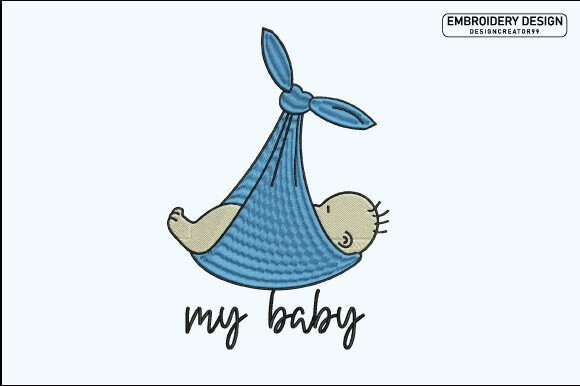 Etsy embroidery designs showing a swaddled baby in a blue cloth with 'my baby' text for nursery projects