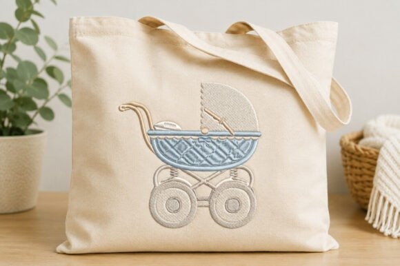 Etsy embroidery designs of a vintage-style baby pram on a beige tote bag