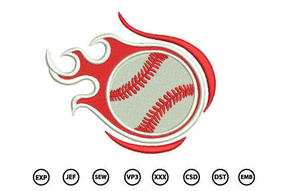 Etsy embroidery designs featuring a dynamic fireball-style baseball graphic in red and white