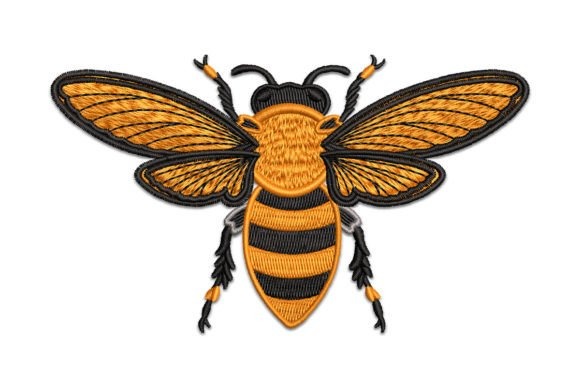 Etsy embroidery designs of a bee with strong graphic shape suitable for aprons, clothing, and home decor