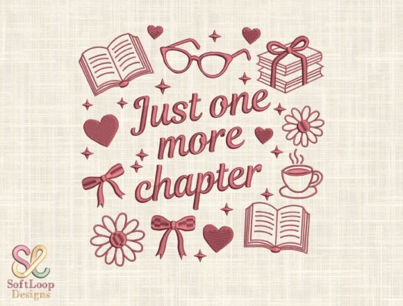 Etsy embroidery designs featuring 'Just one more chapter' text with books, glasses, coffee, flowers, and bows