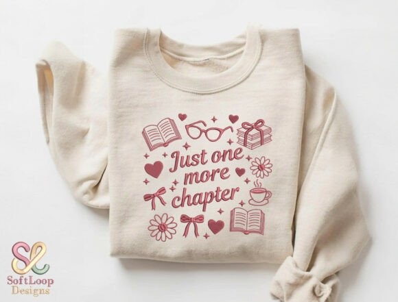 Etsy embroidery designs featuring Just One More Chapter lettering with books, glasses, coffee, flowers, and bows on a beige