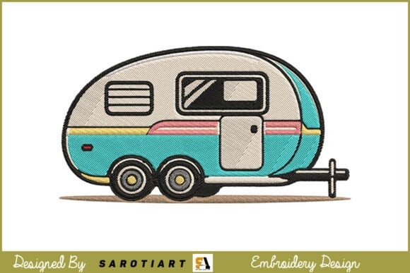 Etsy embroidery designs of a vintage camping caravan in teal, beige, and pink colors for outdoor-themed projects