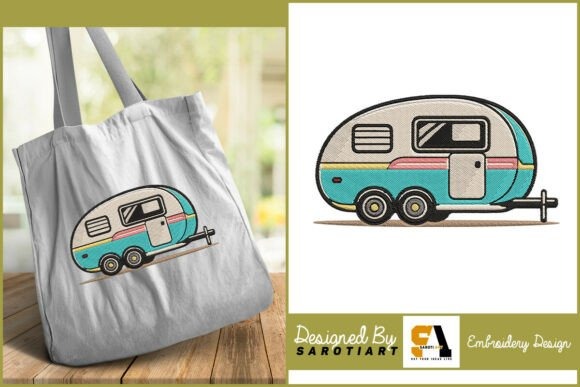 Etsy embroidery designs of a camping caravan on a tote bag and as a digital embroidery file