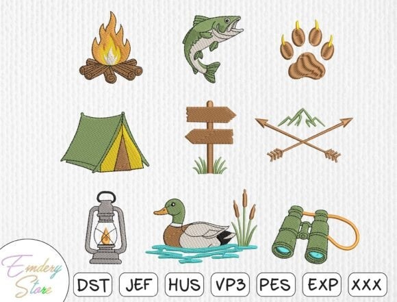 Etsy embroidery designs camping set with fire, fish, paw print, tent, signpost, arrows, lantern, duck, and binoculars