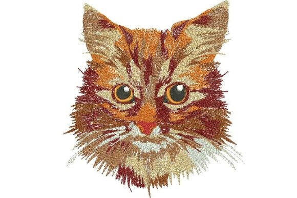 Detailed cat embroidery design in warm brown and orange tones for Etsy embroidery designs