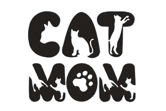 Etsy embroidery designs with Cat Mom lettering and cat silhouettes in black