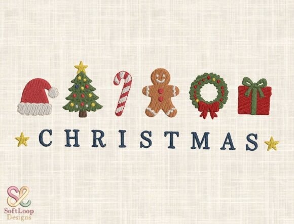 Etsy embroidery designs featuring Christmas motifs including Santa hat, tree, candy cane, gingerbread, wreath, and gift with
