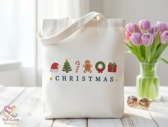 Etsy embroidery designs of Christmas motifs including Santa hat, tree, candy cane, gingerbread, wreath, and gift on tote bag