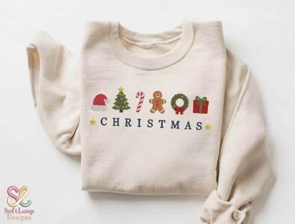 Etsy embroidery designs featuring Christmas motifs including Santa hat, tree, candy cane, gingerbread, wreath, and gift on a