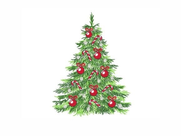Etsy embroidery designs of a Christmas tree decorated with red ornaments and candy canes