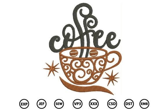 Etsy embroidery designs coffee cup with steam and decorative swirls in brown and black thread