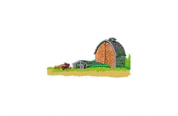 Etsy embroidery designs featuring a compact horizontal farm scene with a barn and animals