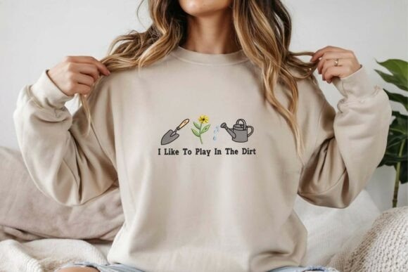 Etsy embroidery designs featuring gardening tools, a flower, and watering can with 'I Like To Play In The Dirt' text on