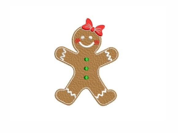 Whimsical gingerbread embroidery design with red bow and green buttons for Etsy embroidery designs