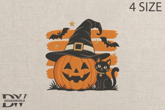 Etsy embroidery designs featuring a Halloween pumpkin with a witch hat and a black cat with bats and stars
