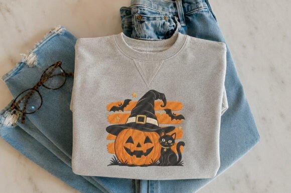 Etsy embroidery designs Halloween motif with pumpkin, black cat, and bats on gray sweatshirt