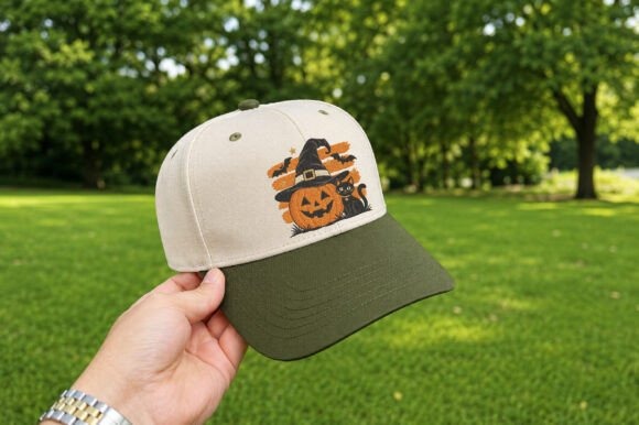 Etsy embroidery designs of Halloween pumpkin with witch hat and black cat on beige and green cap