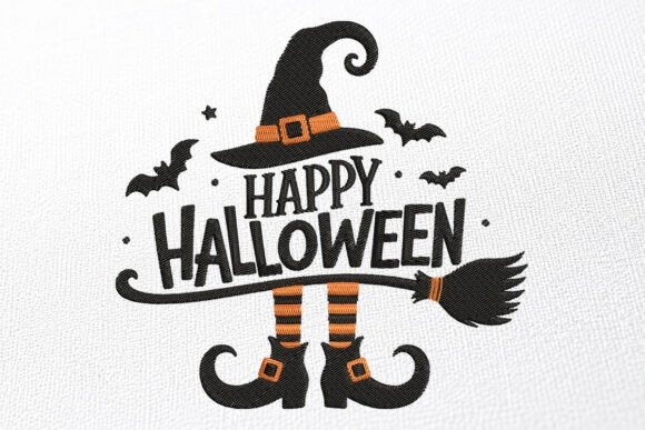 Happy Halloween embroidery design with witch hat, broom, boots, and bats for Etsy embroidery designs