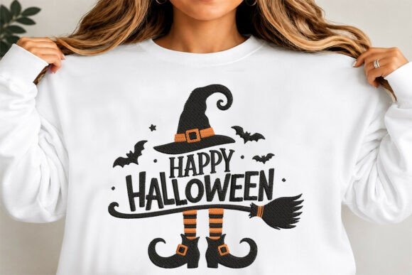 Etsy embroidery designs Happy Halloween embroidery on white sweatshirt with witch hat, broom, bats, and striped stockings