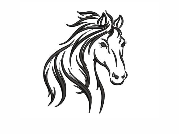 Etsy embroidery designs horse head with flowing mane in black line art