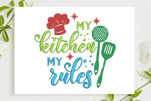 Etsy embroidery designs with phrase My Kitchen My Rules and cooking utensils in red, green, and blue thread