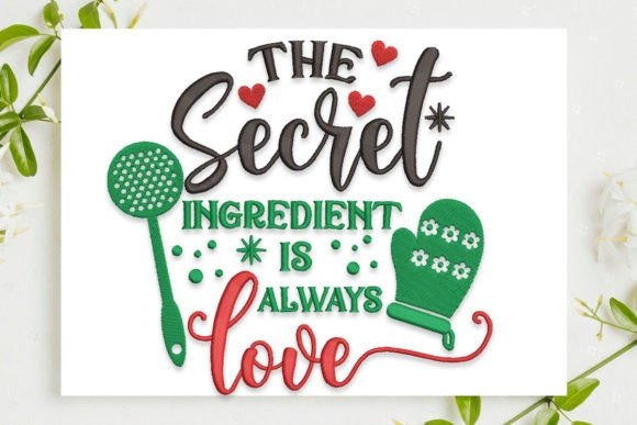 Etsy embroidery designs with the phrase The secret ingredient is always love, featuring a green spoon and oven mitt