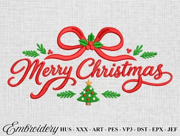Etsy embroidery designs Merry Christmas message with red ribbon and green holly on fabric