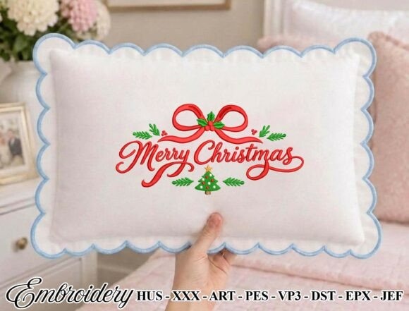 Merry Christmas embroidery design on white pillow with scalloped blue edge, featuring red script — Etsy embroidery designs