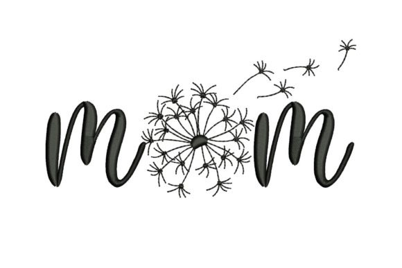 Etsy embroidery designs featuring the word Mom with a dandelion motif in the center