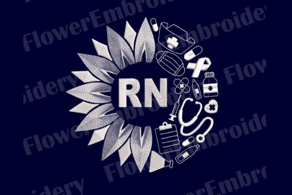 Etsy embroidery designs featuring RN letters surrounded by medical symbols and sunflower petals