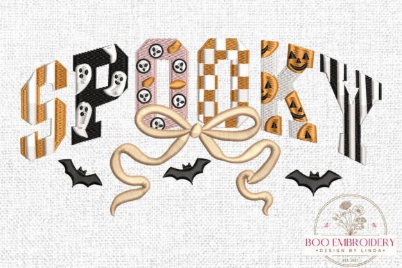 Etsy embroidery designs spelling 'Spooky' with Halloween motifs like ghosts, bats, and pumpkins