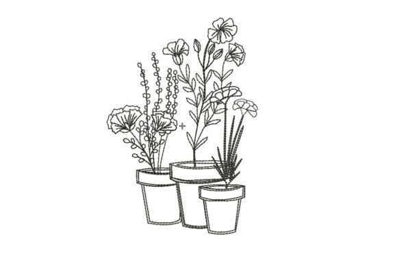 Etsy embroidery designs of three potted wildflower plants with detailed botanical stitching