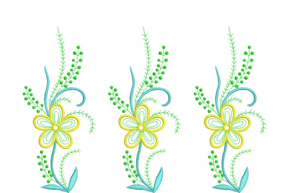 Etsy embroidery designs featuring three yellow and green wildflower motifs with delicate stems and leaves